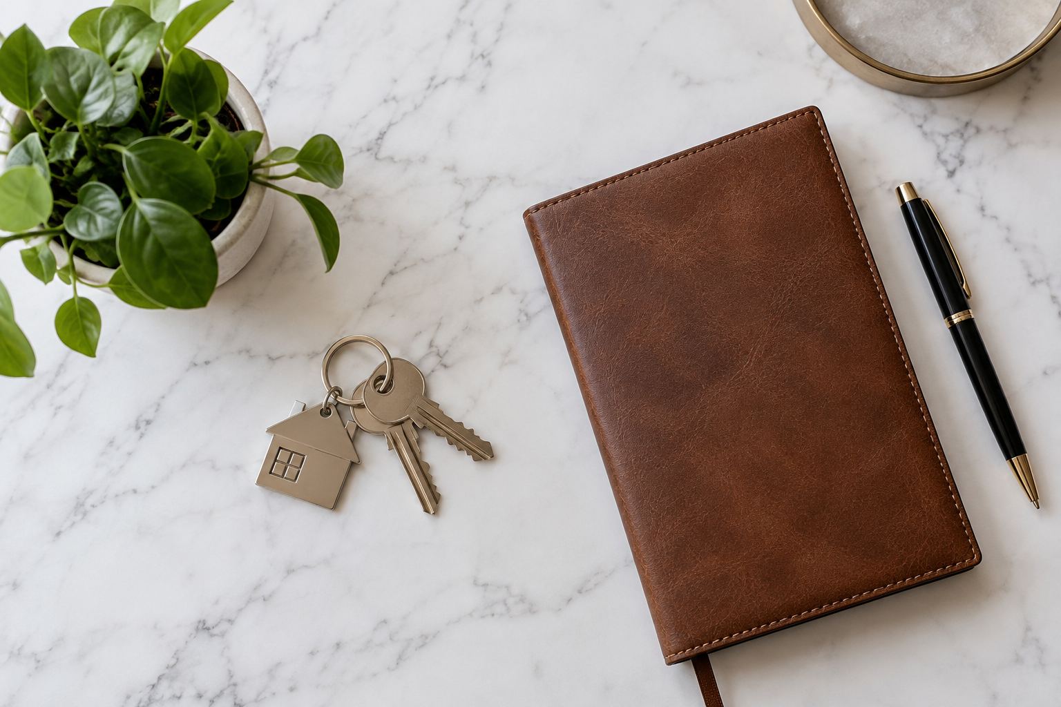 A realtor's desk with house keys and a notebook, illustrative