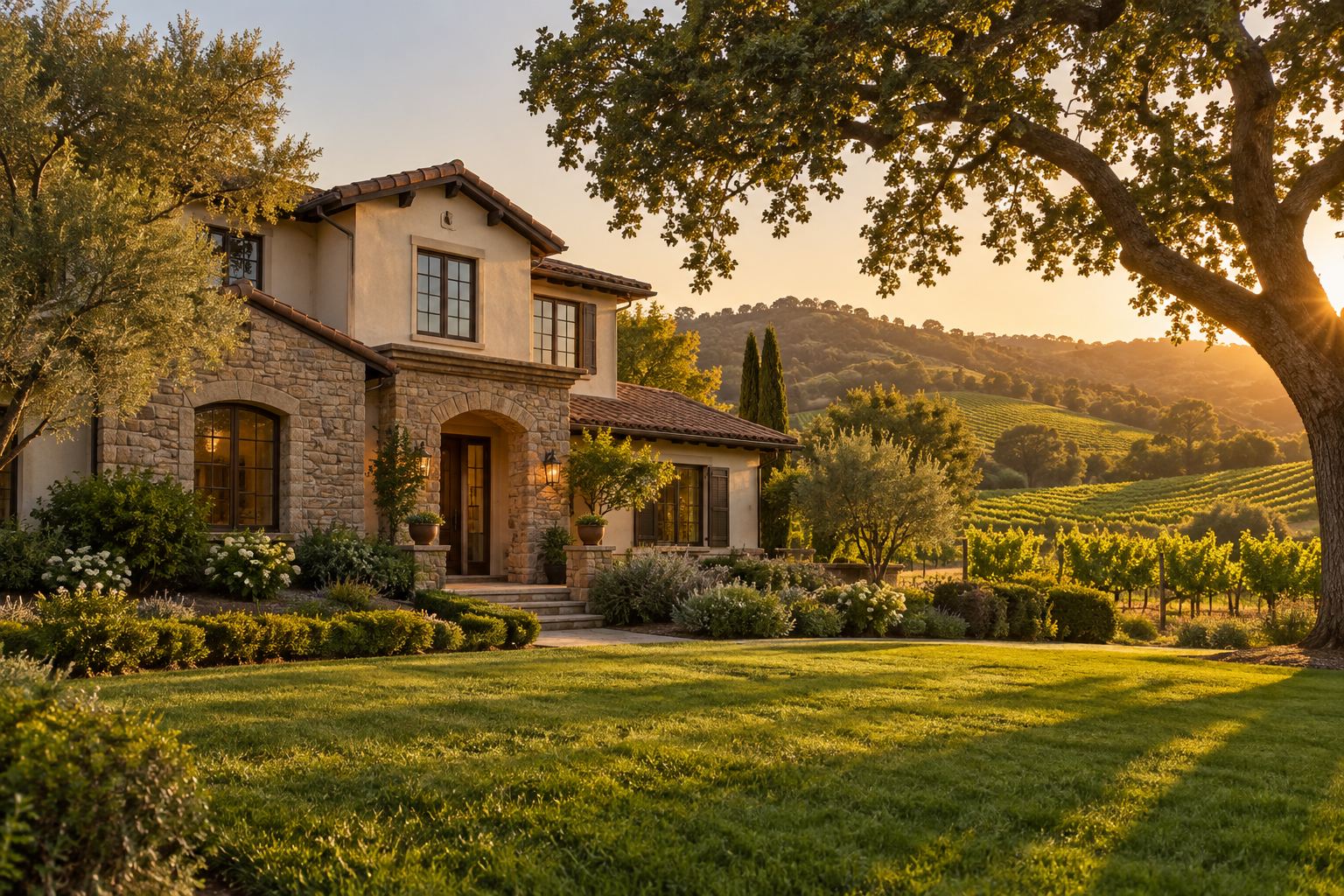 A brick Napa Valley home with a tree lined yard, illustrative