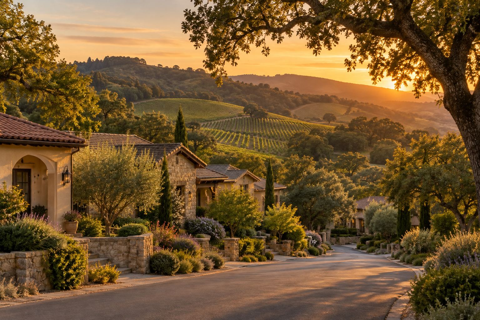 A Yountville residential street at sunset, illustrative