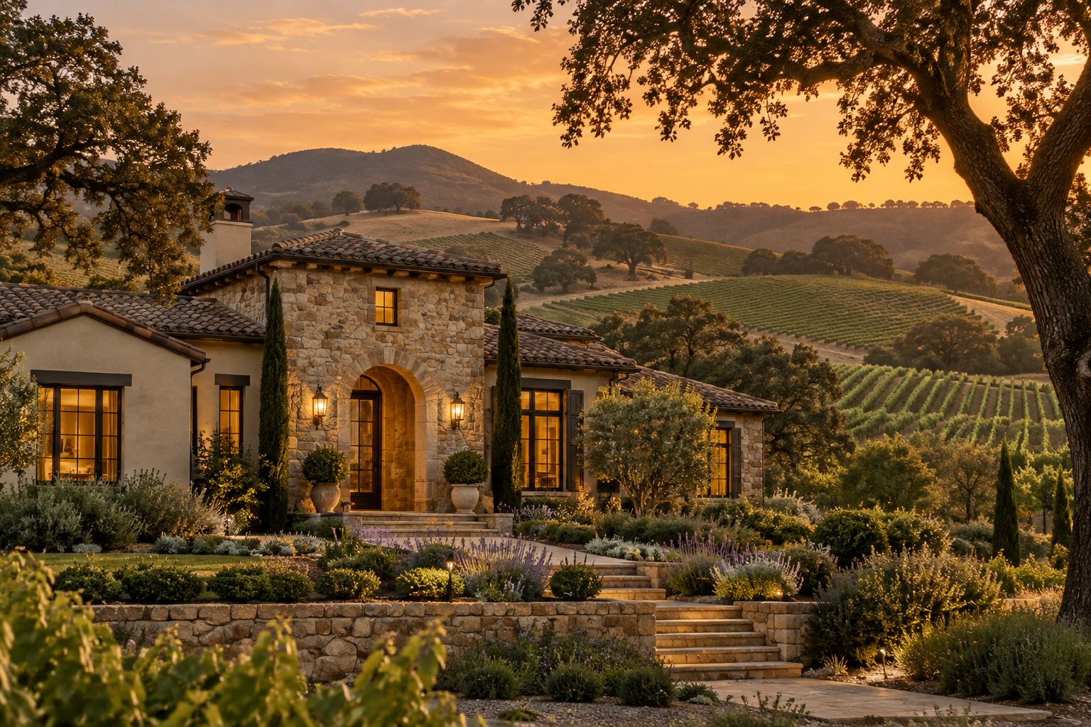 A Napa Valley home at dusk, illustrative